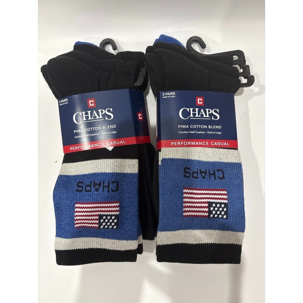 Chaps Performance Casual Crew Socks 6 Pair Pima Cotton Blend Flag Mens 6-12.5 NW